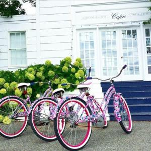 quatro bicicletas cor-de-rosa estacionadas em frente a uma casa em Capri Southampton em Southampton