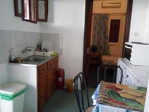 uma pequena cozinha com um lavatório e uma mesa em Marina's Rooms em Lipsoi