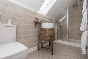 uma casa de banho com um lavatório e um chuveiro em Tyn Llain B&B em Llanfflewyn