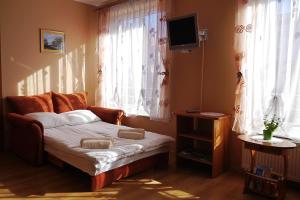 sypialnia z łóżkiem, telewizorem i oknem w obiekcie Apartamenty Klemens w mieście Puck