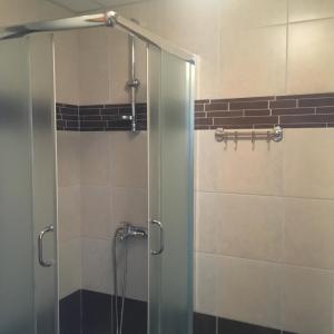 a shower with a glass door in a bathroom at S&N Apartment in Ohrid