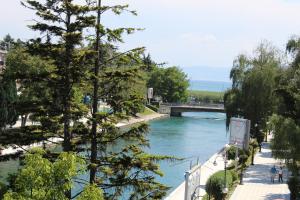 uitzicht op een rivier met een brug en bomen bij Villa Nestor in Struga