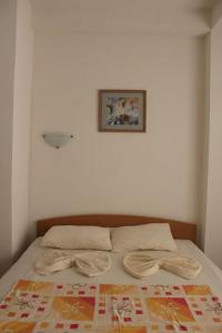 a bed with two pillows and a picture on the wall at Villa Nestor in Struga