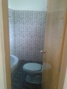ポロンナルワにあるParakum Rest Roomsのバスルーム(青いトイレ、シンク付)