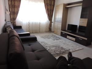 a living room with a couch and a television at Casa BUCUR in Tîrgu Ocna