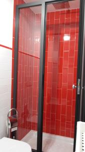 ニコロージにあるEtnaSpecialのバスルーム(赤いタイル張りのシャワー、トイレ付)
