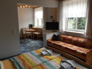 Una habitación de hotel con una cama y una sala de estar. en Pension Bergterrasse, en Sitzendorf