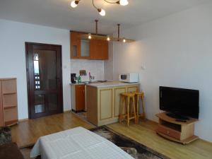 uma sala de estar com uma cozinha e uma televisão em Apartments Anita em Nessebar