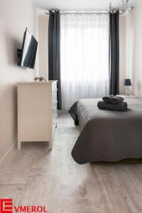 um quarto com 2 camas e uma cómoda com uma televisão em Evmerol Apartment (Hallera) em Breslávia