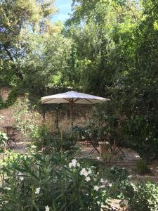 an umbrella in a garden with trees and flowers at Le Clos Saluces in Avignon