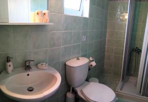a bathroom with a sink and a toilet and a shower at Eirini- Ioanna in Sami +24 photos