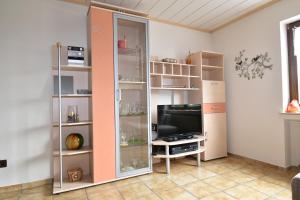 ein Wohnzimmer mit einem TV und Regalen in der Unterkunft Ferienwohnung Maué in Bickenbach