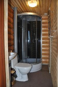 a bathroom with a toilet and a glass shower at Guest House Svitliza in Yaremche