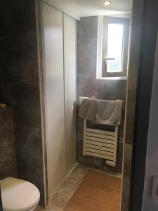 ein Bad mit einer Dusche, einem WC und einem Fenster in der Unterkunft Villa Mer Et Montagne in Macinaggio