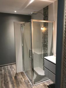 La salle de bains est pourvue d'une douche avec une porte en verre. dans l'établissement Les Rives du Bassin, au Teich
