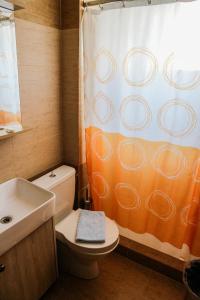 a bathroom with a toilet and a shower curtain at Hotel Elatofilito in Athamanio