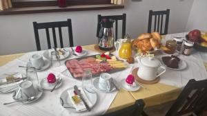 a table with a plate of breakfast food on it at Gästehaus Rosl in Reifnitz