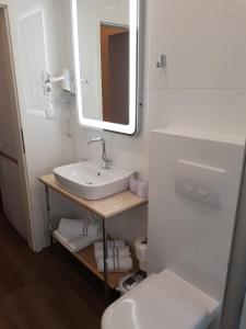 W łazience znajduje się umywalka, lustro i toaleta. w obiekcie Hotel Haus Büderich w mieście Meerbusch