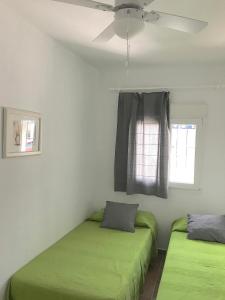 two green beds in a room with a window at Casa Azul in Bolonia