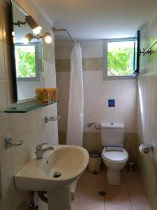 a bathroom with a sink and a toilet and a window at Amaranto Rooms in Aegiali