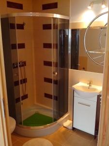 a bathroom with a shower and a sink at Apartamenty Kompas in Międzywodzie