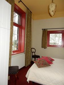 a bedroom with a bed and two windows at B&B 't Hekkert in Gorssel