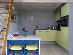 ロヘムにあるDe Akeleiの黄色と青のキャビネットとキッチンアイランド付きのキッチン