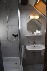 uma casa de banho com um chuveiro e um lavatório. em Gaststätte Liebl em Wiesent
