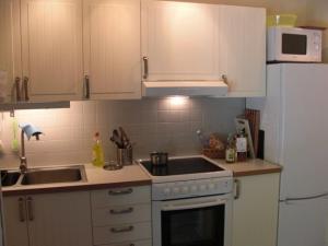 een keuken met een fornuis, een wastafel en een koelkast bij Snäck Annex in Visby