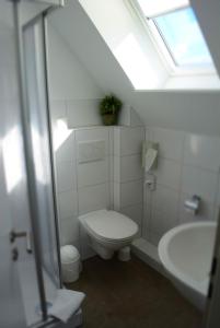 uma casa de banho com um WC, um lavatório e uma janela em Klausdorfer Hof em Schwentinental
