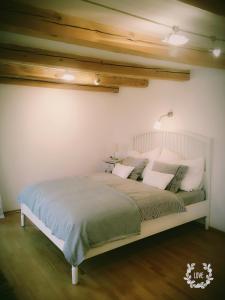 a bedroom with a large bed in a room at Gute Stube in Weiden am See