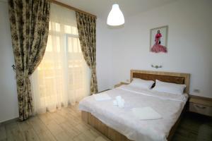 a bedroom with a bed and a large window at Aby sunrise in Orşova