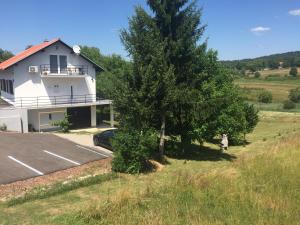 a white house with a tree next to a road at VIP Apartments & Room in Rakovica