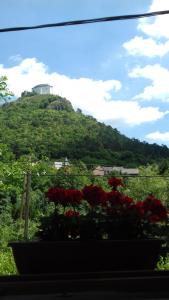 a view of a hill with a house on top of it at Vár-Lak Vendégház in Füzér
