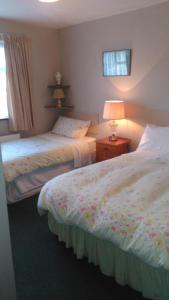 um quarto com 2 camas e uma mesa com um candeeiro em Castle View B&B em Freshford