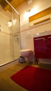 y baño con aseo, ducha y alfombra roja. en B&B Al Gatto Nero, en Borgo