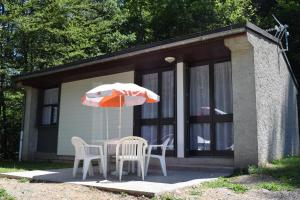 - une table et des chaises avec un parasol en face d'une maison dans l'établissement VVF Cantal Champs-sur-Tarentaine, à Champs Sur Tarentaine 15 autres photos
