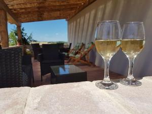 due bicchieri di vino bianco seduti su un tavolo di Agriturismo Melariano a Castelnuovo Berardenga