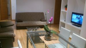a living room with a couch and a glass table at Apartamentos Rúa Virxe do Carme in Sanxenxo