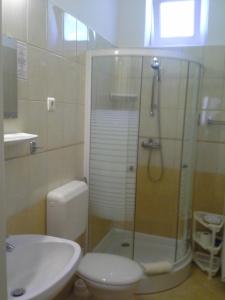 y baño con ducha, aseo y lavamanos. en Ágneslaki Ökoturisztikai Centrum és Vadászház, en Nagykanizsa