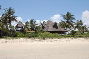 un complejo en una playa con palmeras en el fondo en The Beach Crab Resort, en Pangani