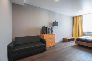 エカテリンブルクにあるApartment WOODSTONEのソファ、ベッド、テレビが備わる客室です。