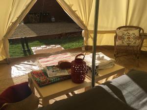 a tent with a table with books and a book at Twamley Farm in Buckland