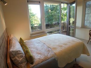 a bedroom with a large bed and two windows at Apartments Ąžuolas in Palanga