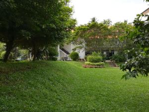 una casa con un patio con césped verde y árboles en Grindlays Regency en Ambepussa
