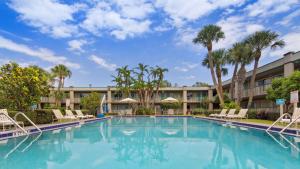 a large pool with chairs and palm trees in front of a building at Best Western Downtown Stuart in Stuart