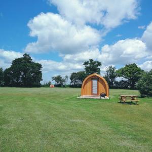 a small tent in a field with a picnic table at Cosy Camping Suffolk in Ipswich