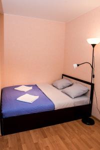 ヴォログダにあるNa Yaroslavskoyのベッドルーム1室(ランプと青い毛布付きのベッド1台付)