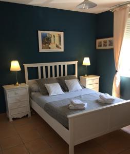 een slaapkamer met een groot bed met blauwe muren bij Joli appartement tout confort in Hyères
