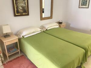 マルベーリャにあるParque Marbellaのテーブルと鏡付きの部屋の緑のベッド1台